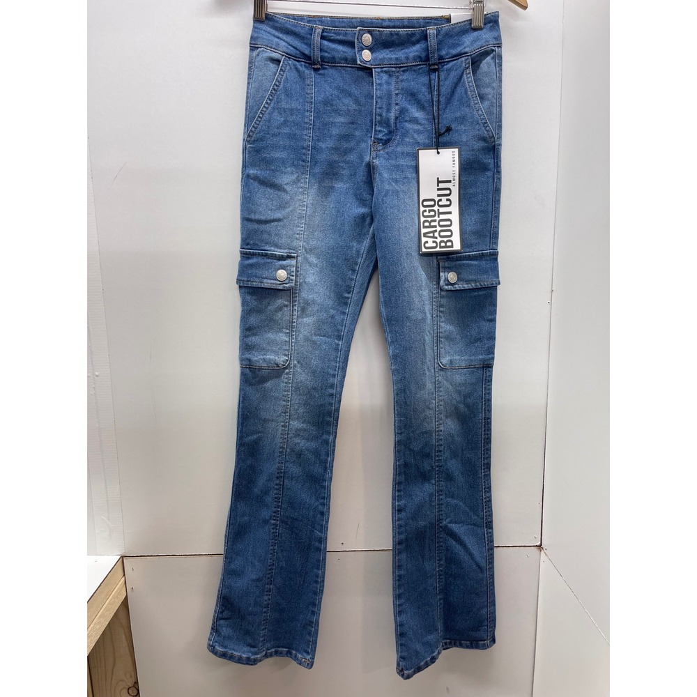 Almost Famous Women Medium Wash Cargo Bootcut Jeans Size 3 New With Tags